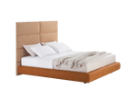 187x227x28.5 cm / Bed with Tip Up Storage for 160x200 cm Mattress (Sold Separately) / MICENE Argilla Fabric Wall Panelling + SILK Cognac Leather Bed Frame