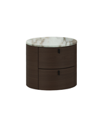 CDON3 / Bedside Table with 2 Drawers / Spessart Oak Structure + Glossy Calacatta Gold Marble Top + Hide 19 Caffe Handles