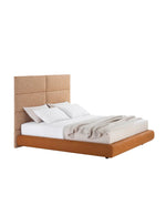 1x LMDRPR + 8x PI095 / Bed with Tip Up Storage for 1600x2000mm Mattress (Sold Separately) / MICENE 08 Argilla Cat D Fabric Wall Panelling + SILK 11 Cognac Cat S Leather Bed Frame