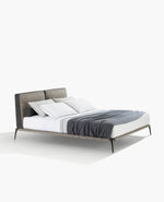 1x LMPKT + 1x TEPKN / Bed for 1600x2000mm Mattress (Sold Separately) / NABUK 05 Grafite Cat Y Leather Backside & Bands and SENDAI 03 Fango Cat D Fabric Front Headboard + Mat Brown Nickel Structure and Fabric SENDAI 03 Fango Cat D Fabric Bed Frame